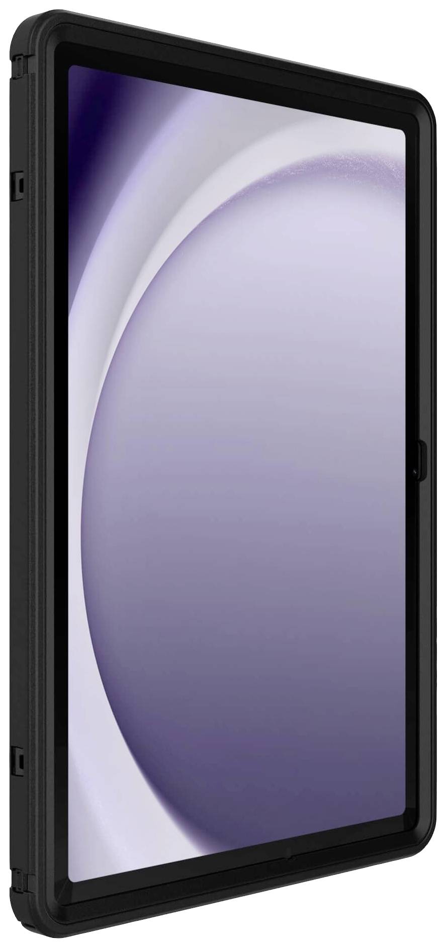 Ein schwarzes Tablet mit einer Bildschirmsperre wird im Hochformat gezeigt. Der Bildschirm zeigt ein modernes, abstraktes Design.