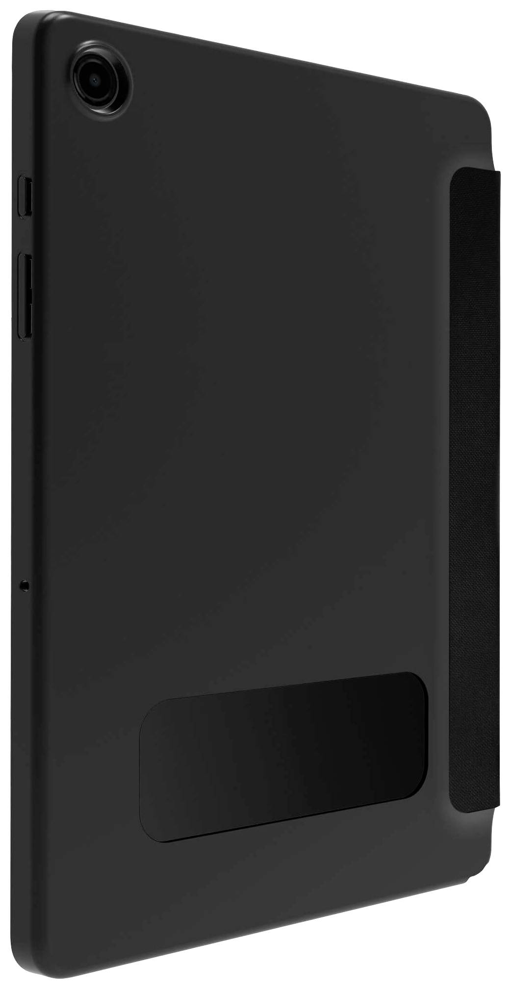 Schwarzes Tablet in schützendem, mattem Gehäuse, Rückansicht. Kamera oben links sichtbar.