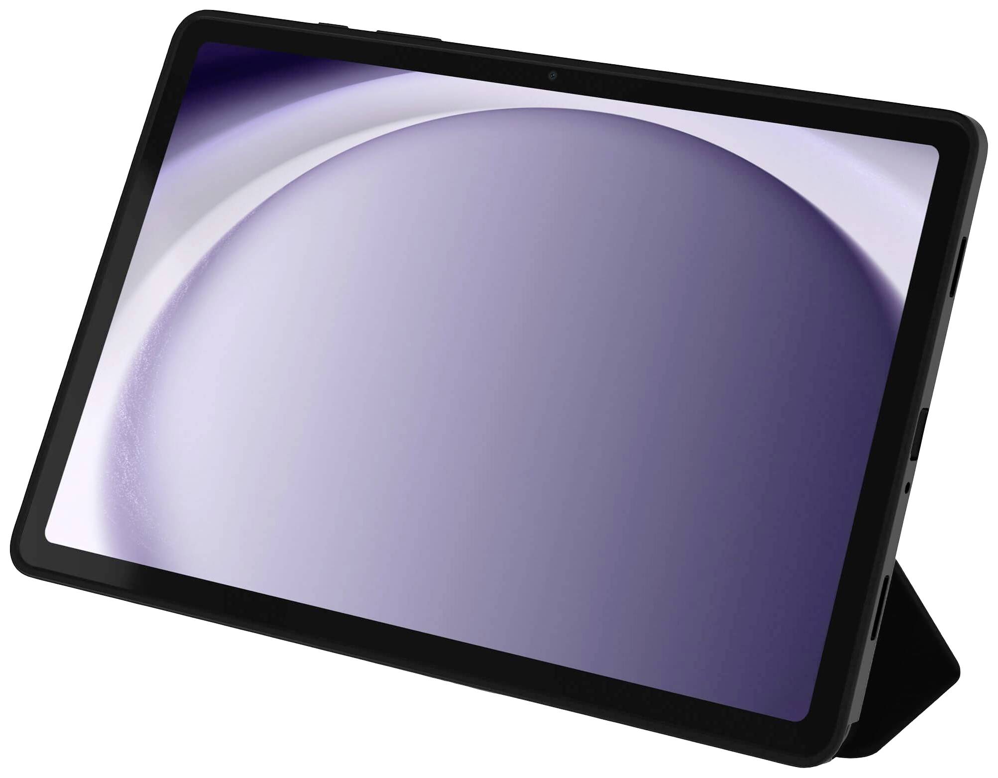 Ein Tablet mit schwarzem Rahmen, das in einem Winkel gezeigt wird. Der Bildschirm zeigt ein abstraktes lila-weißes Muster.