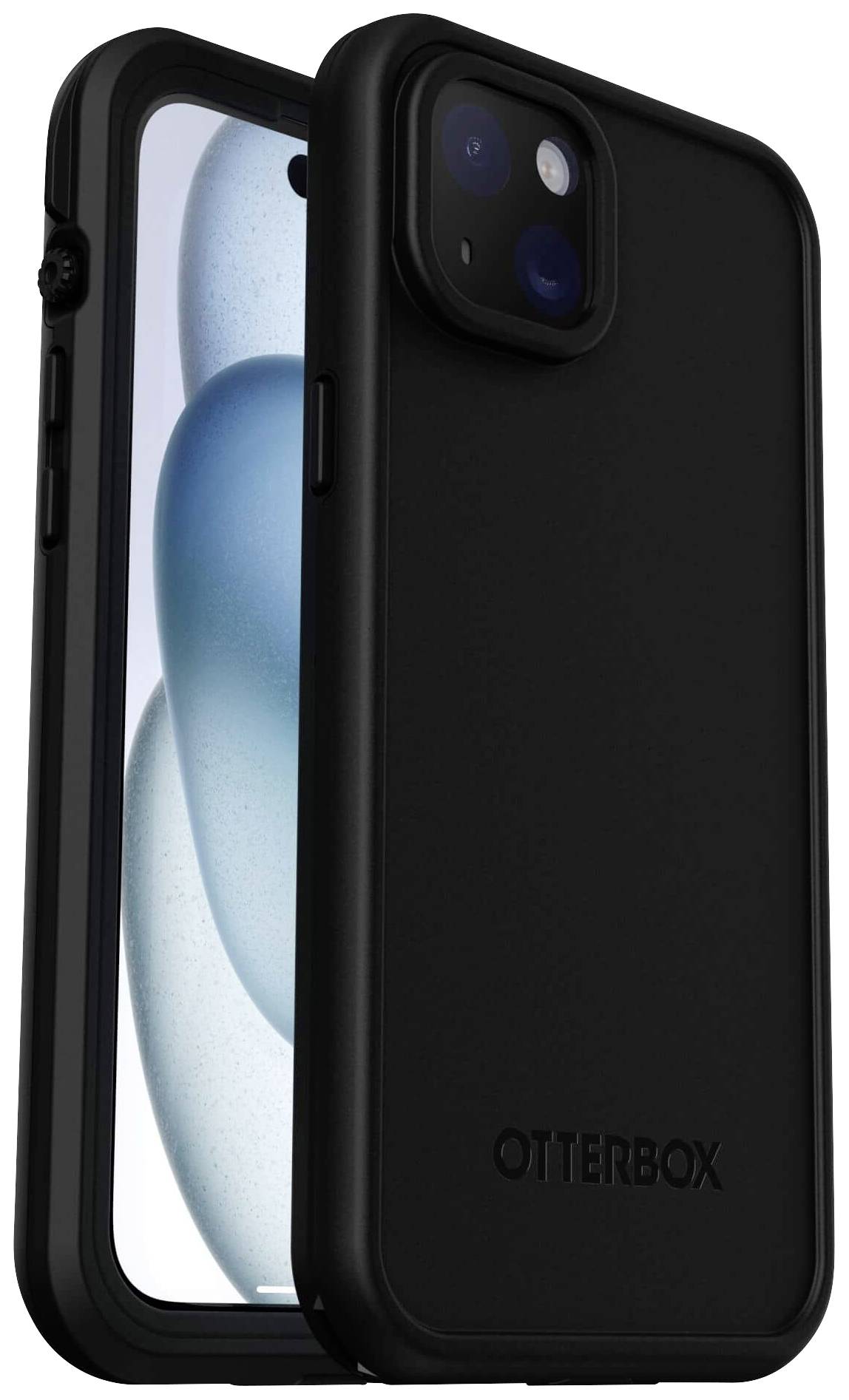 Schwarzes Smartphone in Otterbox-Hülle. Die Hülle bietet robusten Schutz. Das Display zeigt eine verschwommene blaue Form.