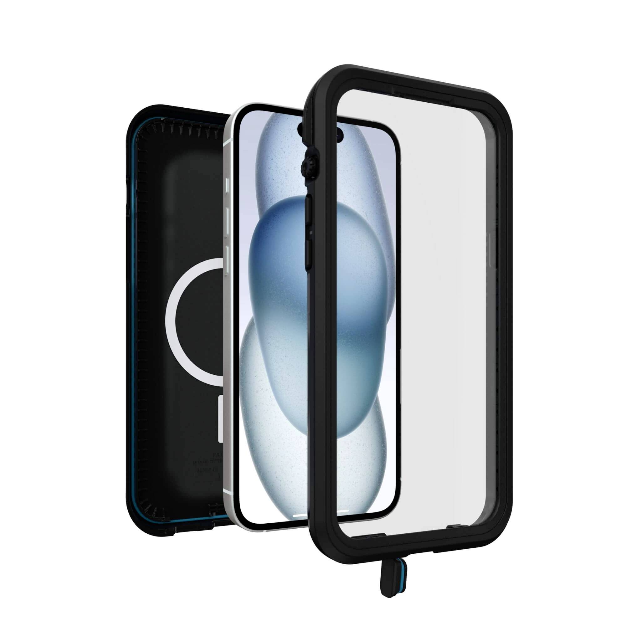 Handy mit schwarzer Schutzhülle, Vorder- und Rückseite sichtbar, zeigt die Schichten des Schutzes.