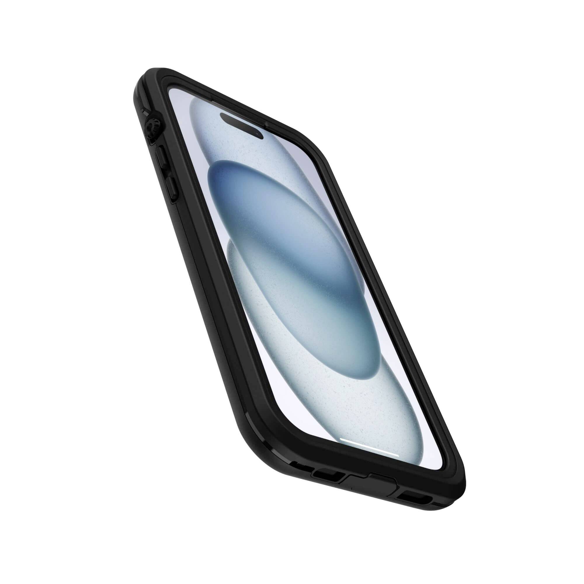 Ein schwarzes Smartphone mit einem schützenden Bumper-Case, auf dem Bildschirm sind abstrakte blaue Formen zu sehen.