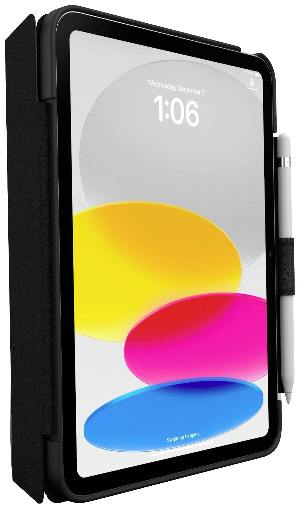 Tablet mit bunter Hintergrundgrafik, digitalem Stift an der Seite und Uhrzeit '1:06' auf dem Display.