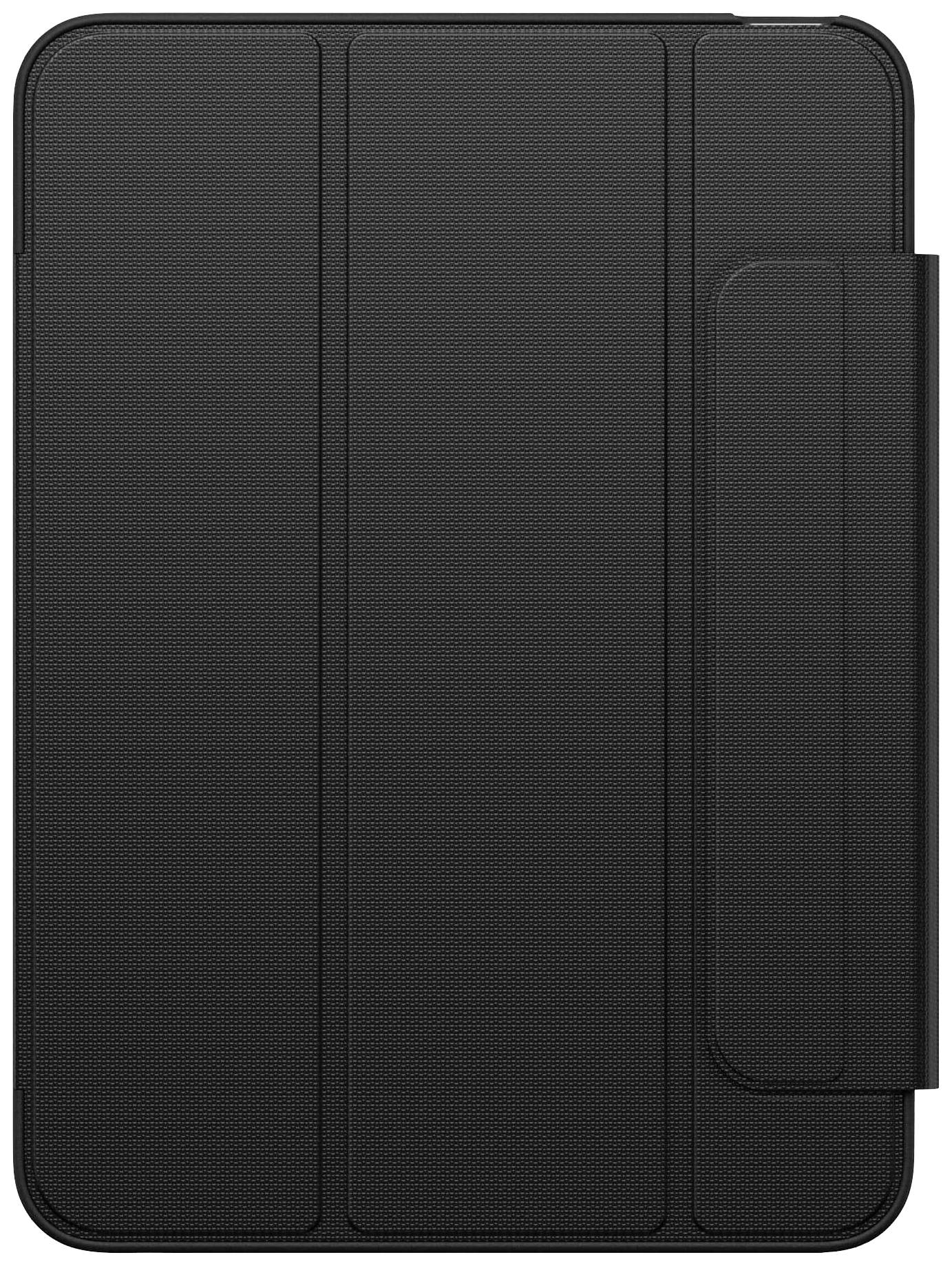 Schwarzes Tablet- oder iPad-Case mit dreiteiliger Struktur, die Standfunktion ermöglicht. Vorderansicht zeigt Klappdesign und haltbare Oberfläche.