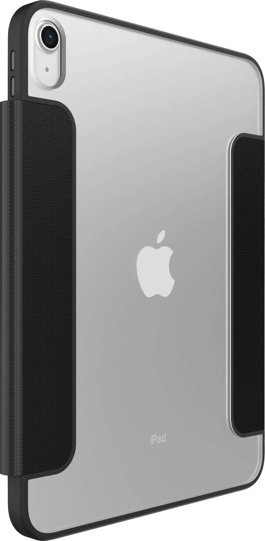 iPad in einer Schutzhülle, seitliche Ansicht mit sichtbarem Apple-Logo auf der Rückseite. Die Hülle ist schwarz und deckt die Ränder ab.