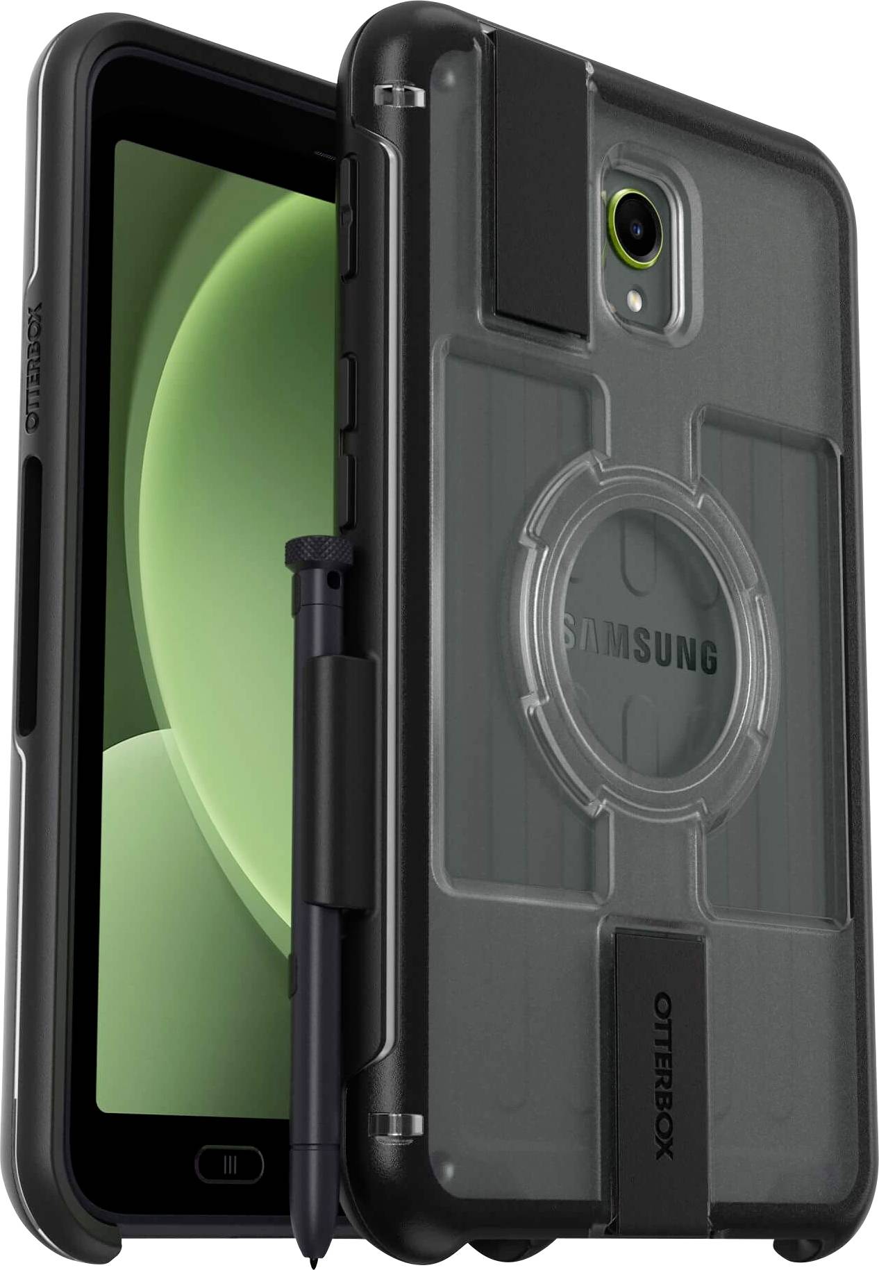 Schwarze Schutzhülle für ein Samsung-Tablet mit integriertem Stiftehalter und durchsichtigem Rücken, stehender Position.