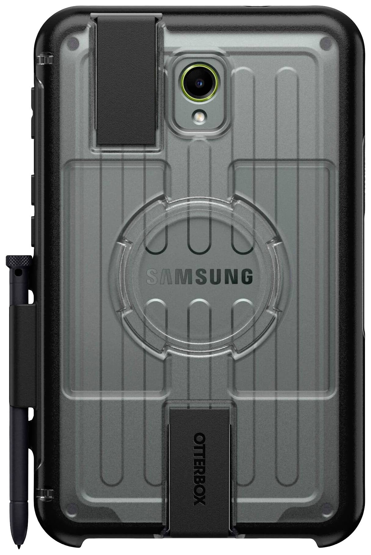 Schutzhülle für Samsung-Handy in Schwarz mit integriertem Halter für einen Stift. Ruggedes Design für zusätzlichen Schutz.