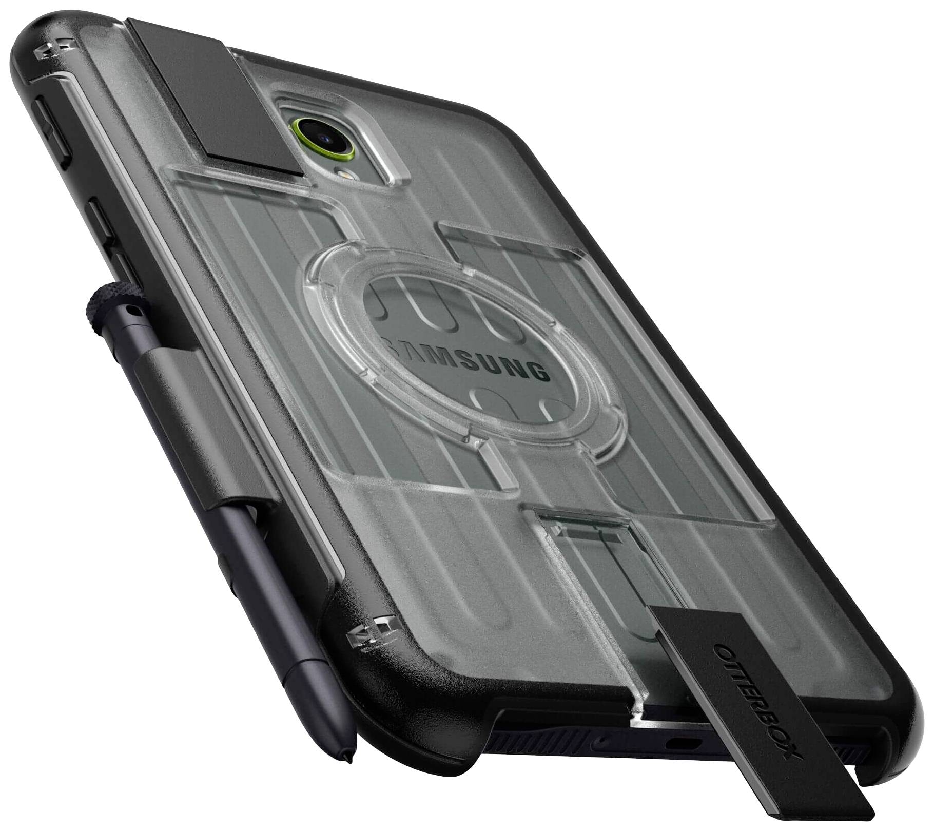 Ein schwarzes Schutzhülle von Otterbox für ein Samsung-Smartphone mit integriertem Stifthalter an der Seite.