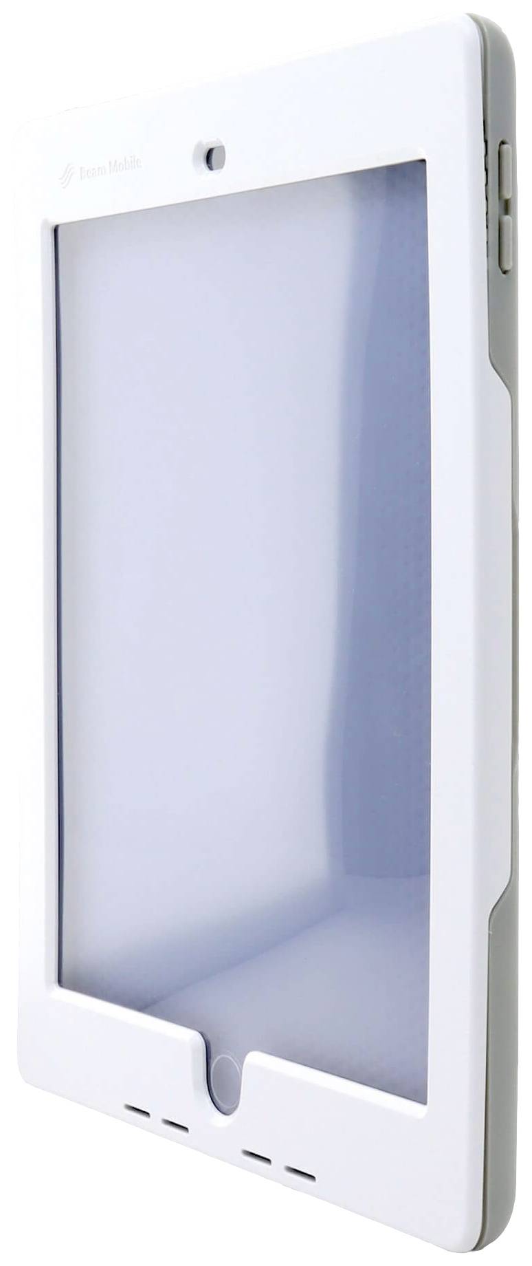 Ein weißer digitaler Bilderrahmen mit einem großen Display und einem silbernen Knopf unten.