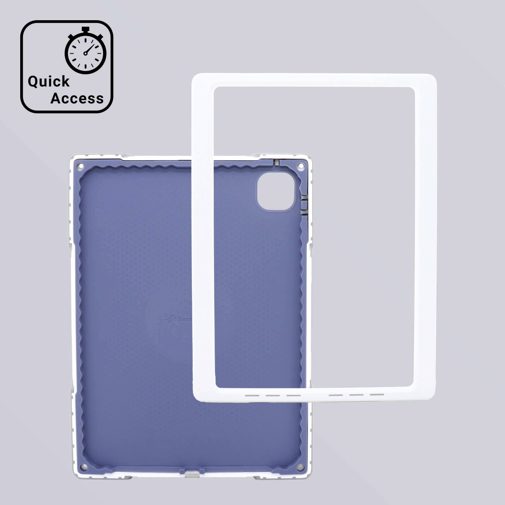 Tablet-Schutzhülle in Lila und Weiß mit 'Quick Access'-Symbol. Zeigt Vorder- und Rückenteil für einfachen Zugriff und Schutz.