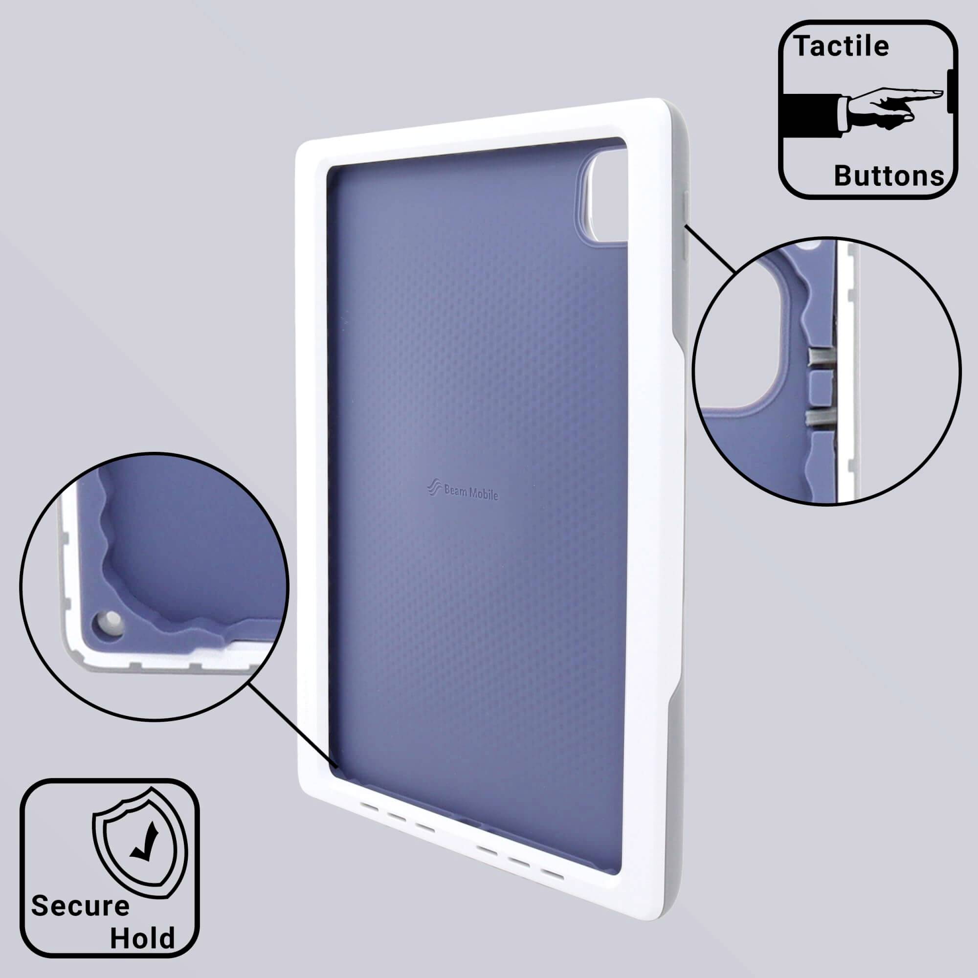 Ein weiß-blaues Tablethülle mit rutschfestem Griff, taktilen Tasten und sicherem Halt. Eignet sich für robusten Schutz und einfache Bedienung.