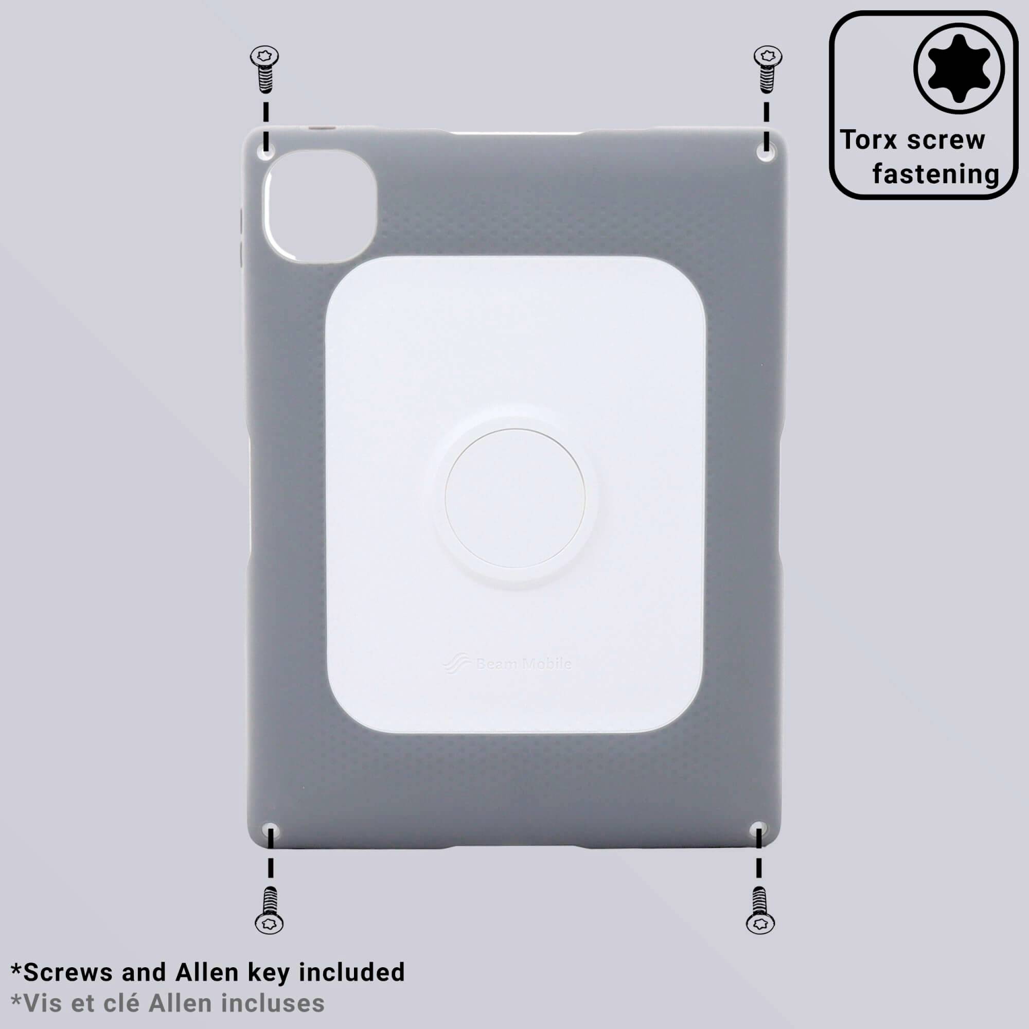 Graue Schutzhülle mit weißem Innenbereich, geeignet für Tablets. Sie verfügt über Torx-Schrauben zur Befestigung und ist mit (Stern-)Schrauben und Inbusschlüssel ausgestattet.