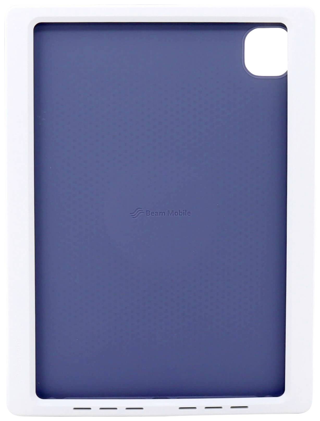 Ein rechteckiges, blaues Tablet-Gehäuse mit einer weißen Umrandung und einer Kameralöffnung in der oberen rechten Ecke.