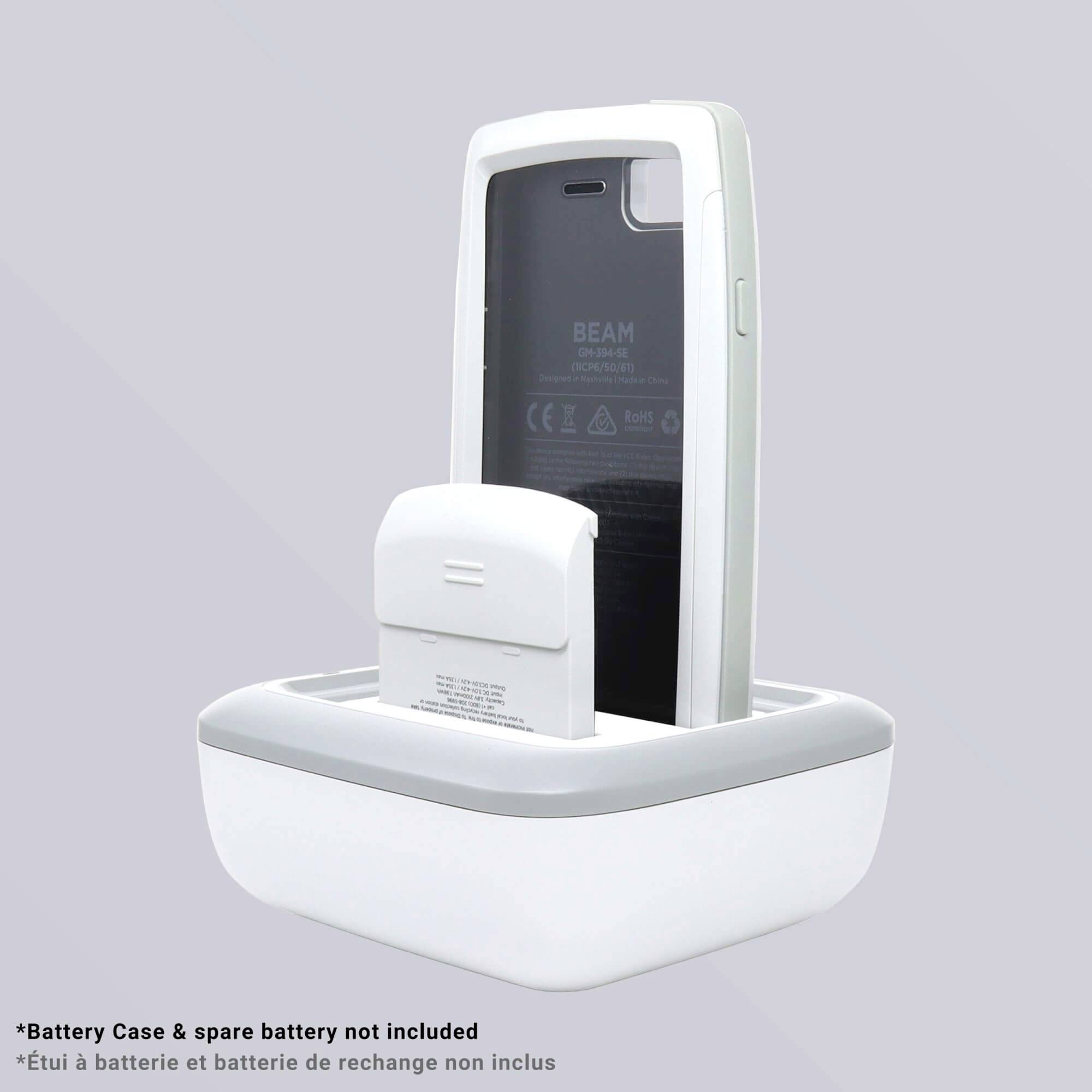 Batteriefach und Ersatzakku für ein mobiles Gerät in einer Ladestation. Aufdruck 'Batteriehülle & Ersatzakku nicht enthalten'.