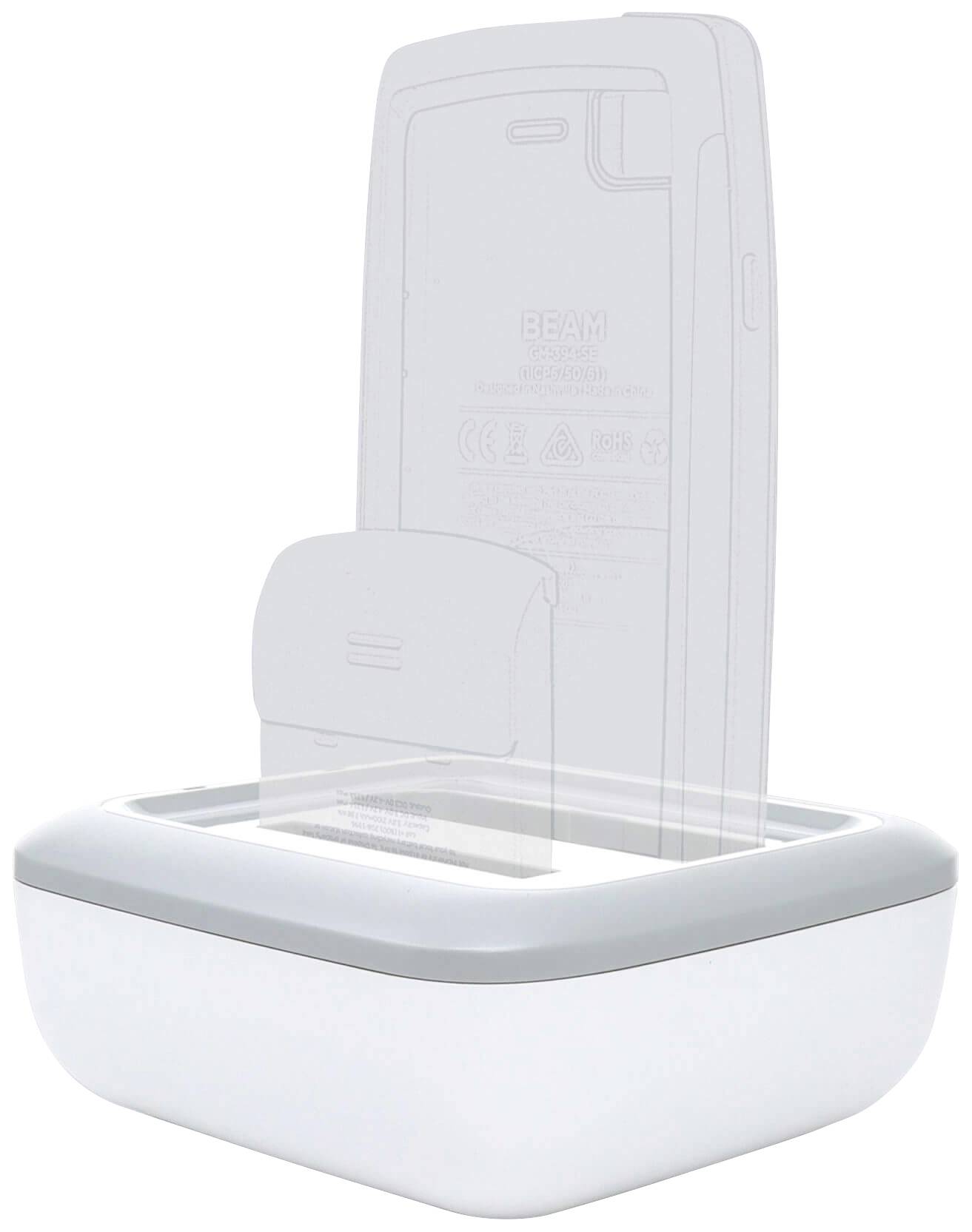 Eine wiederaufladbare Dockingstation in Weiß mit einem aufgesetzten transparenten Halter für ein tragbares Gerät.