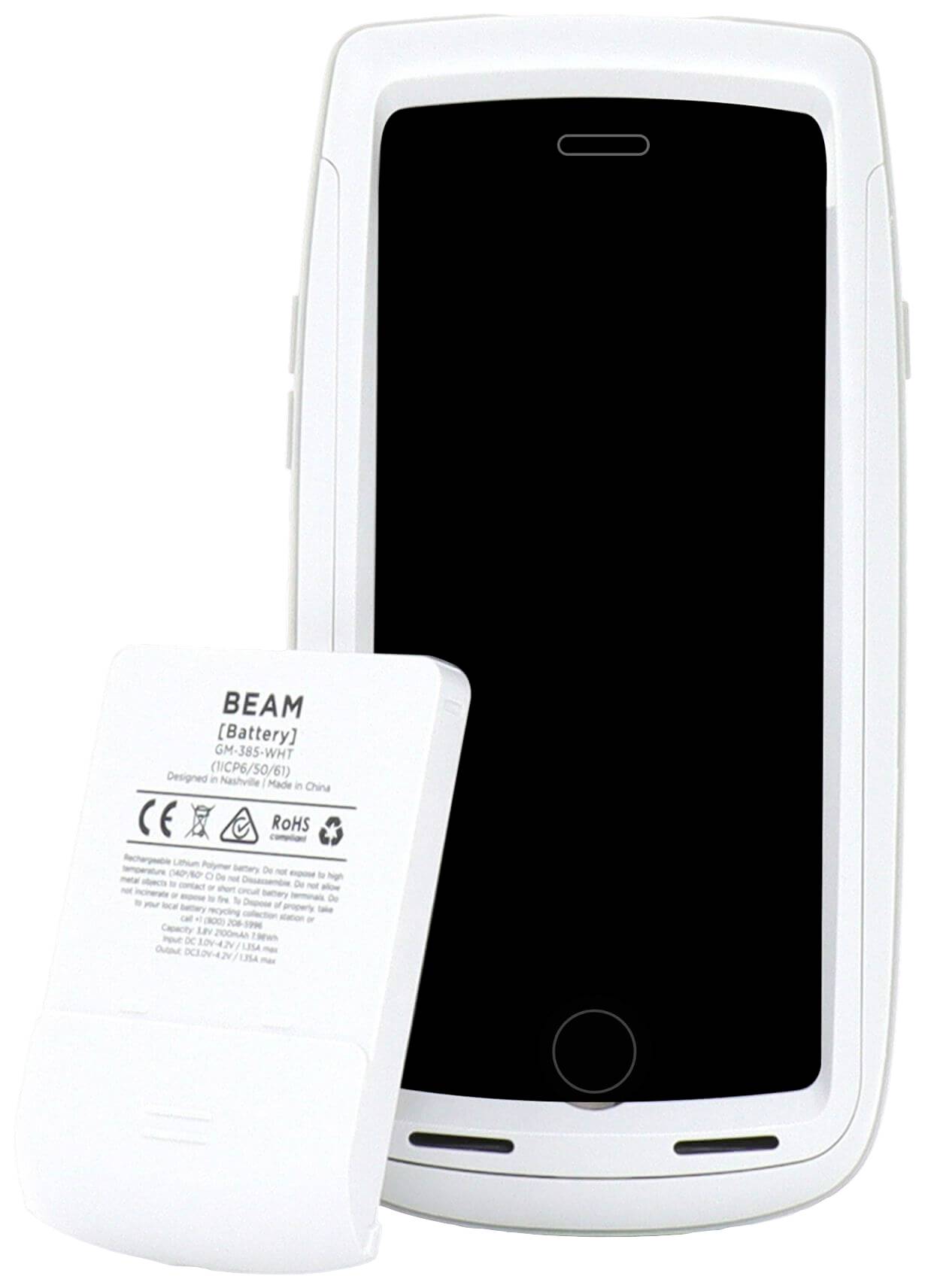 Ein weißes Handy mit abnehmbarer Batterie, die neben dem Gerät steht. Auf der Batterie sind Produktspezifikationen aufgedruckt.