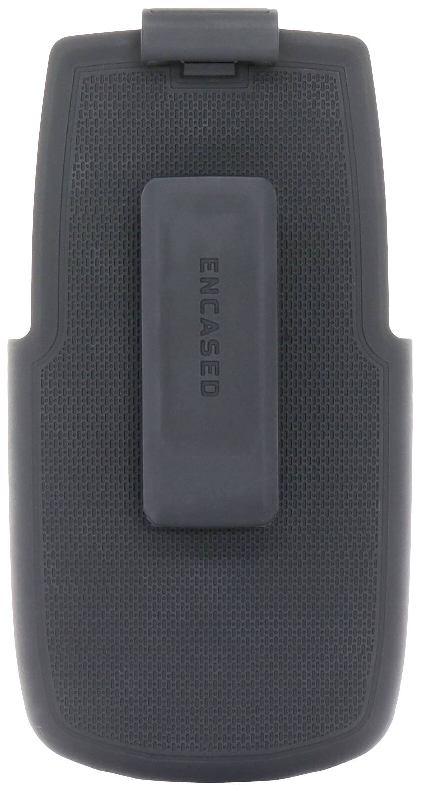 Eine schwarze Handyhülle mit Gürtelclip, auf der Rückseite steht 'ENCASED'.