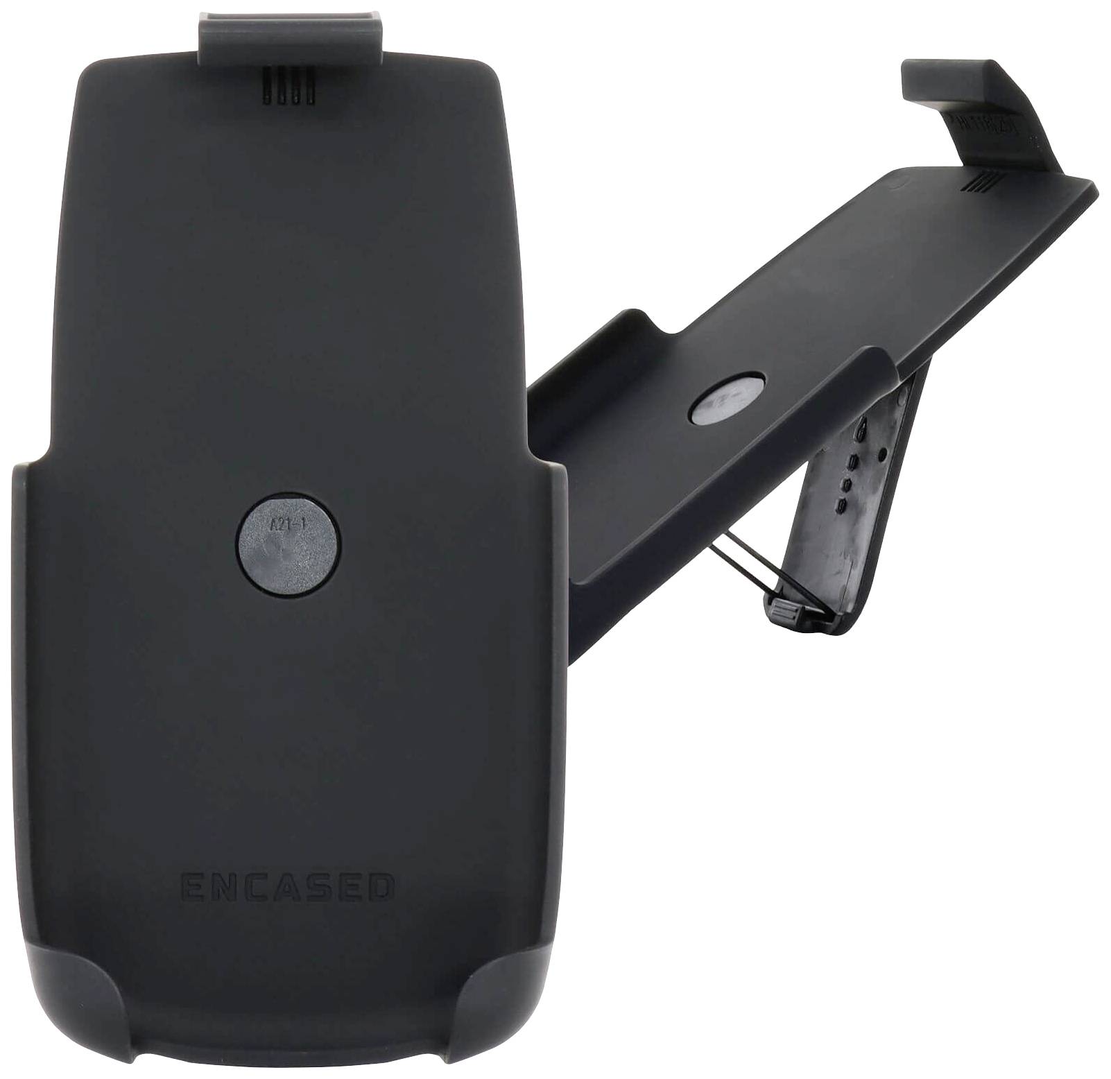 Ein schwarzes Handyhalter-Clip, stabil und robust, ideal zur Befestigung an Fahrzeuglüftungsschlitzen, mit verstellbaren Seitenflügeln.