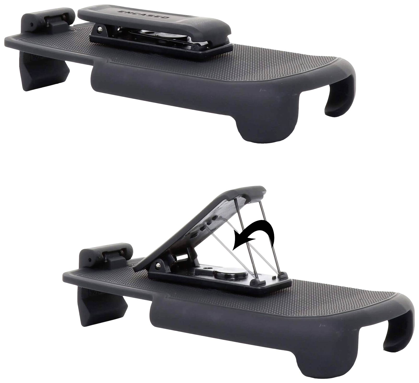 Ein schwarzer Tischhefter mit integriertem Büroklammerhalter. Zeigt Vorder- und Seitenansicht des geöffneten Hefters.