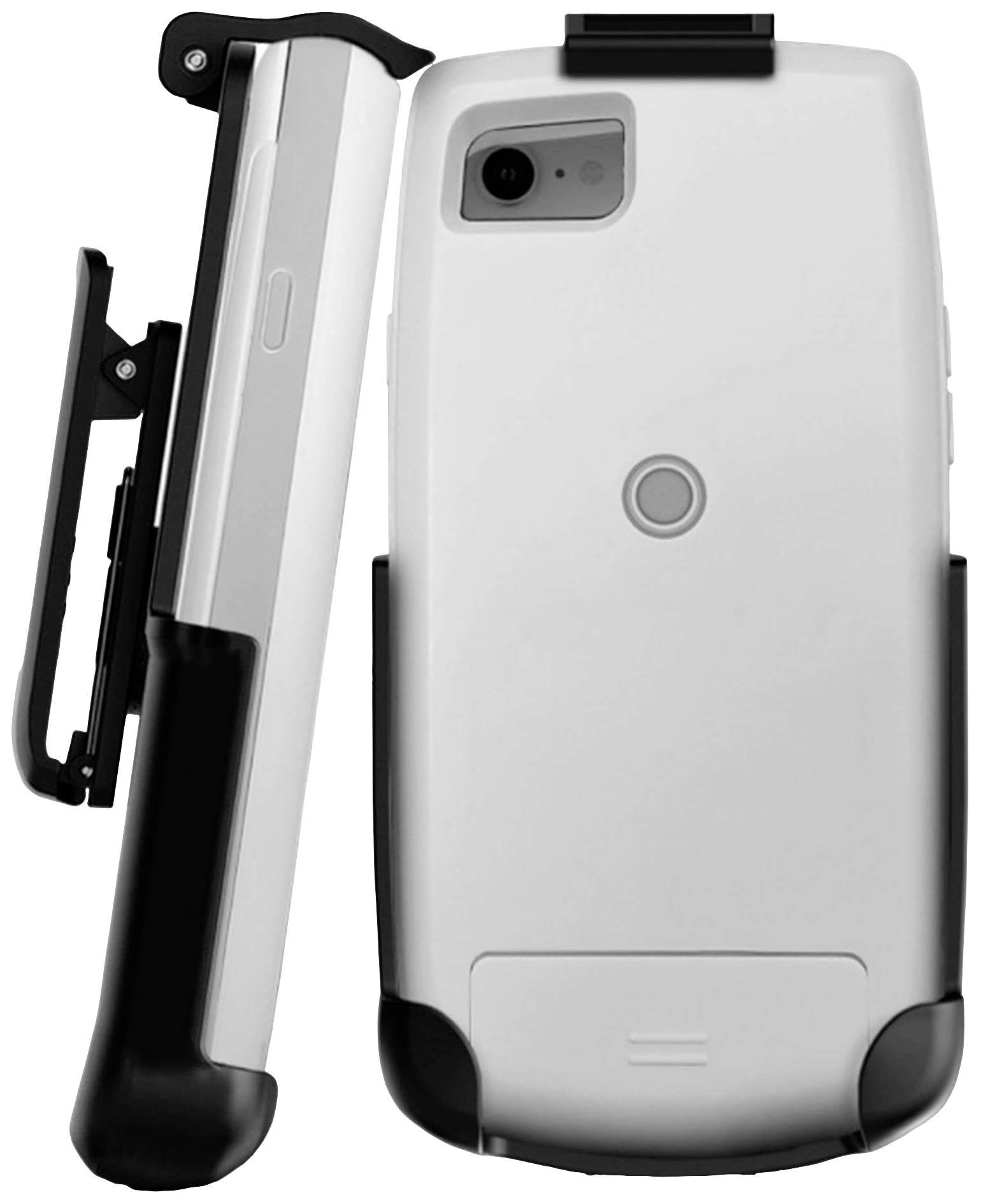 Zwei mobile Geräte mit robustem Gehäuse und Befestigungsclip, nebeneinander gezeigt. Das Design deutet auf Outdoor-Nutzung.