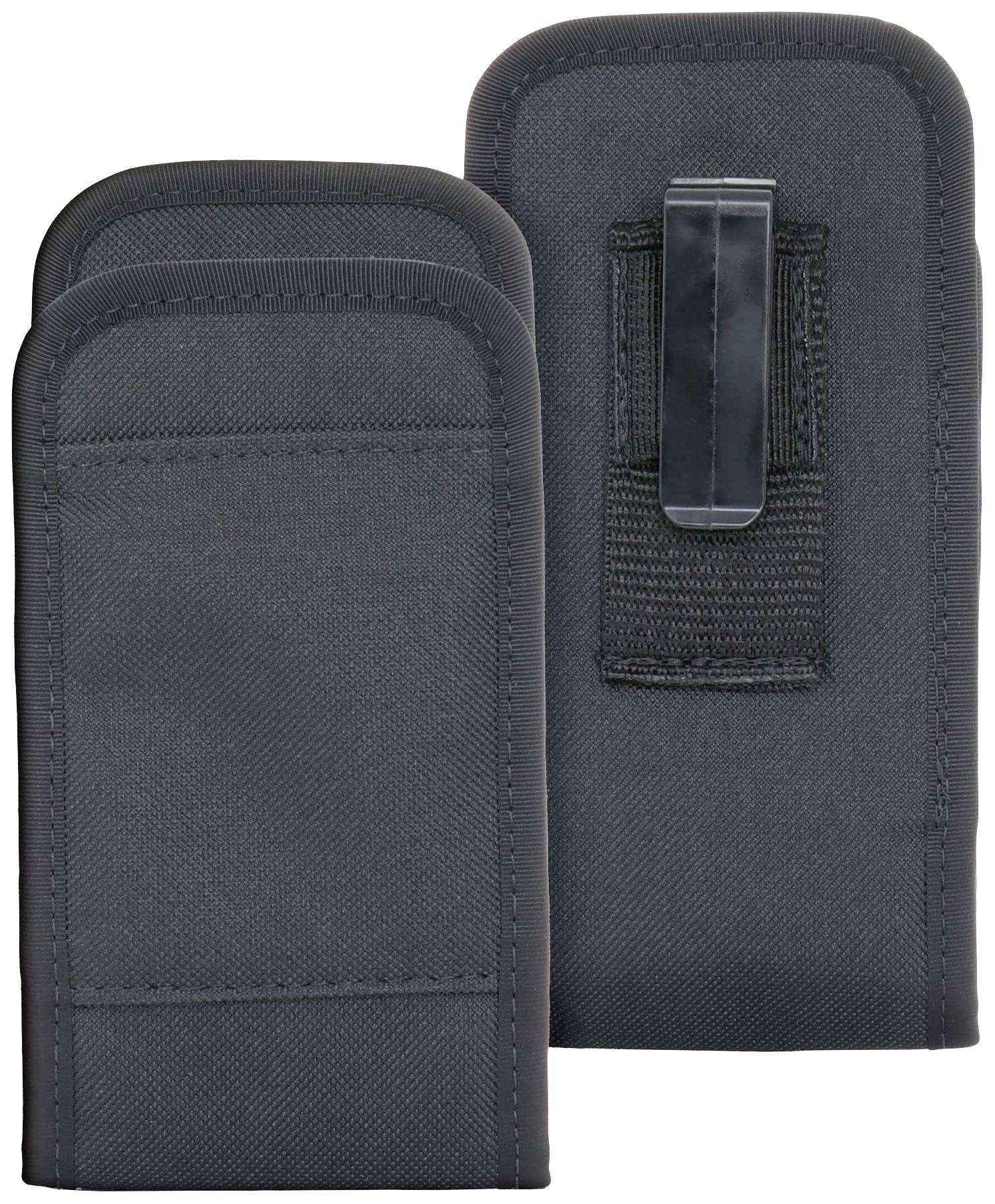 Zwei schwarze Nylon-Taschen mit Klettverschluss. Eine Tasche zeigt die Vorderseite, die andere die Rückseite mit einem Metallclip.