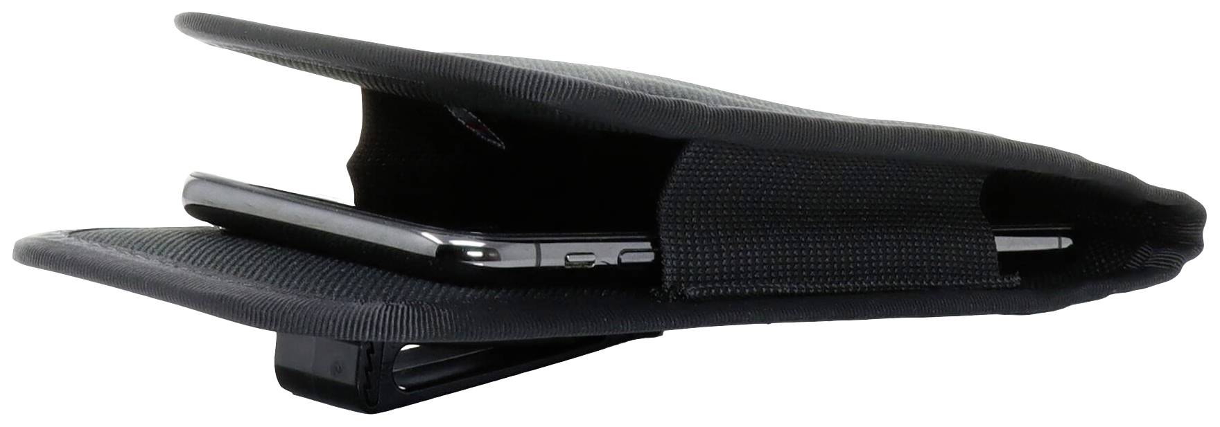 Seitliche Ansicht einer schwarzen, geöffneten Handyhülle mit elastischem Verschluss. Ein Smartphone ist teilweise darin eingeschoben.