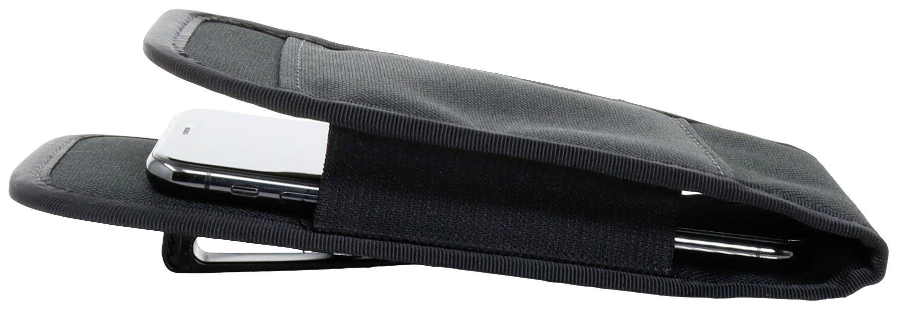 Eine schwarze Tasche mit einem Smartphone darin, leicht geöffnet, zeigt das Smartphone-Display und die Eingriffsöffnung der Tasche.