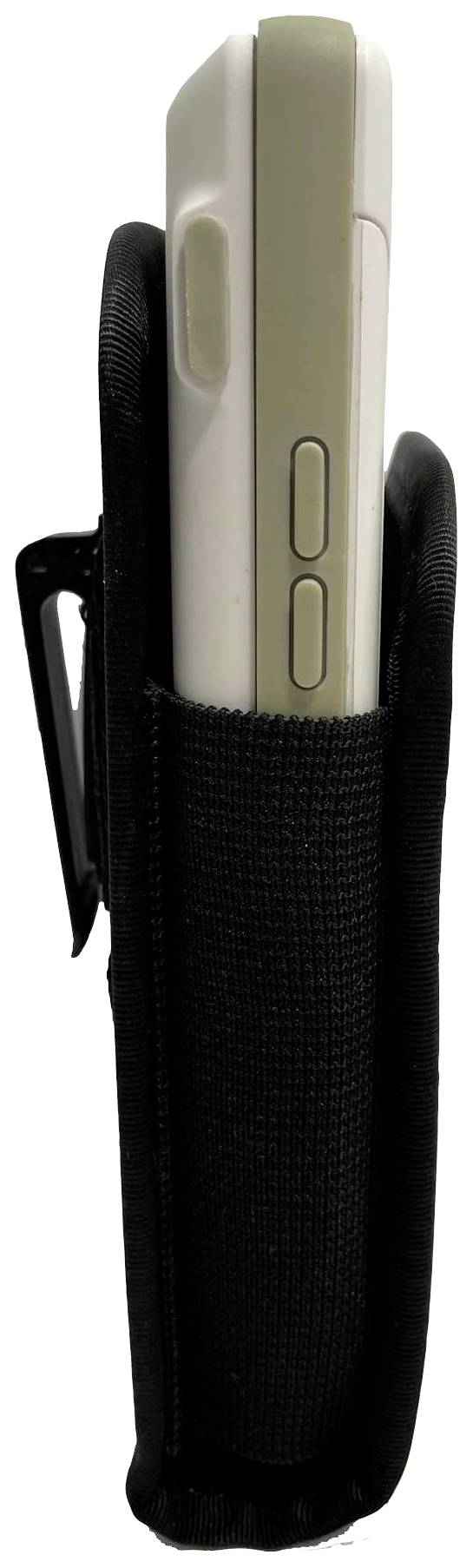 Ein Mobiltelefon in einer schwarzen, seitlich geöffneten Stofftasche mit Clip.