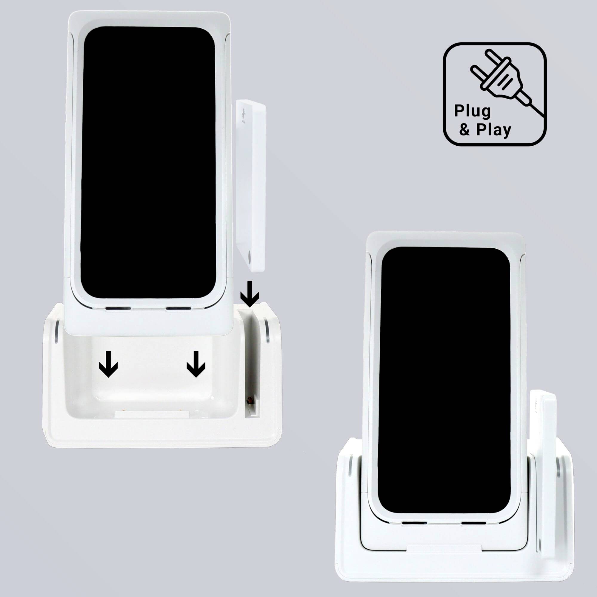 'Plug & Play'-Ladegerät mit zwei Positionen; aufrecht und umgedreht dargestellt. Benutzerfreundliche Anweisungen durch Pfeilsymbole.