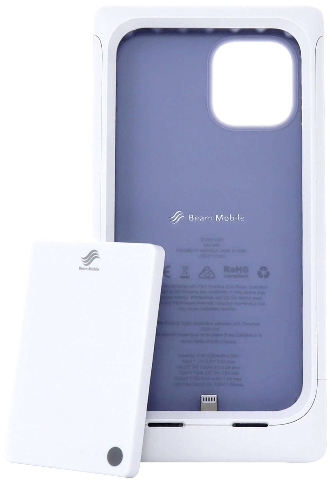 Hülle und Akku für ein Smartphone mit Logo 'Beam Mobile', passend für ein Smartphone-Modell. Hintergrund in Weiß und Lila.