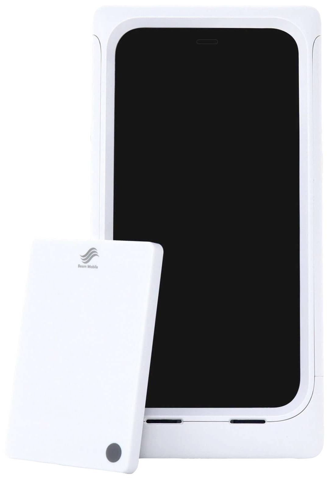 Ein weißes mobiles Gerät mit einem größeren Bildschirm. Daneben liegt eine kleinere weiße Karte. Beides scheint technologisch verbunden.