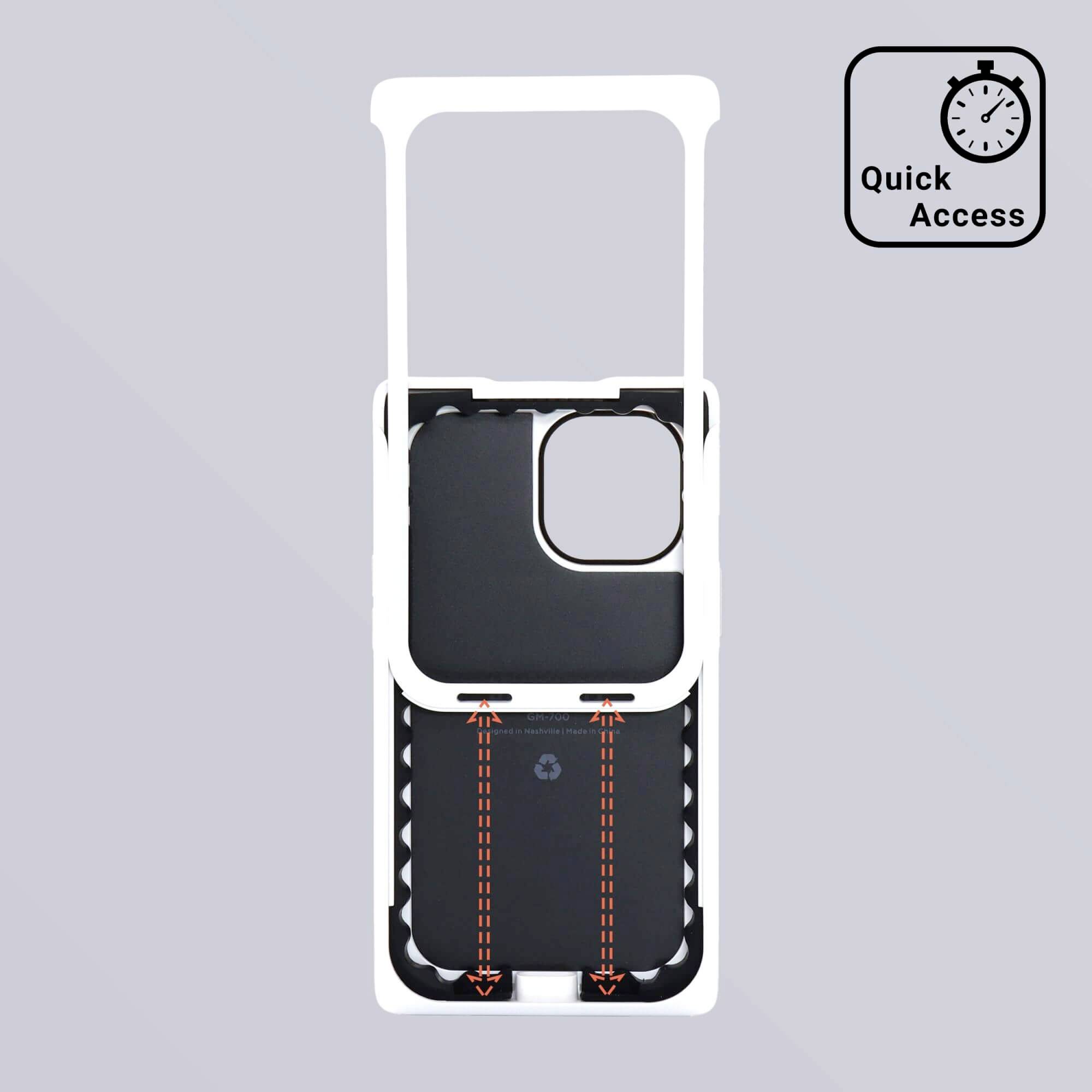 Eine Handyhülle mit Schiebeteil zeigt 'Quick Access'-Funktion durch ein Uhrsymbol. Sie ermöglicht schnellen Zugriff auf die Kamera.