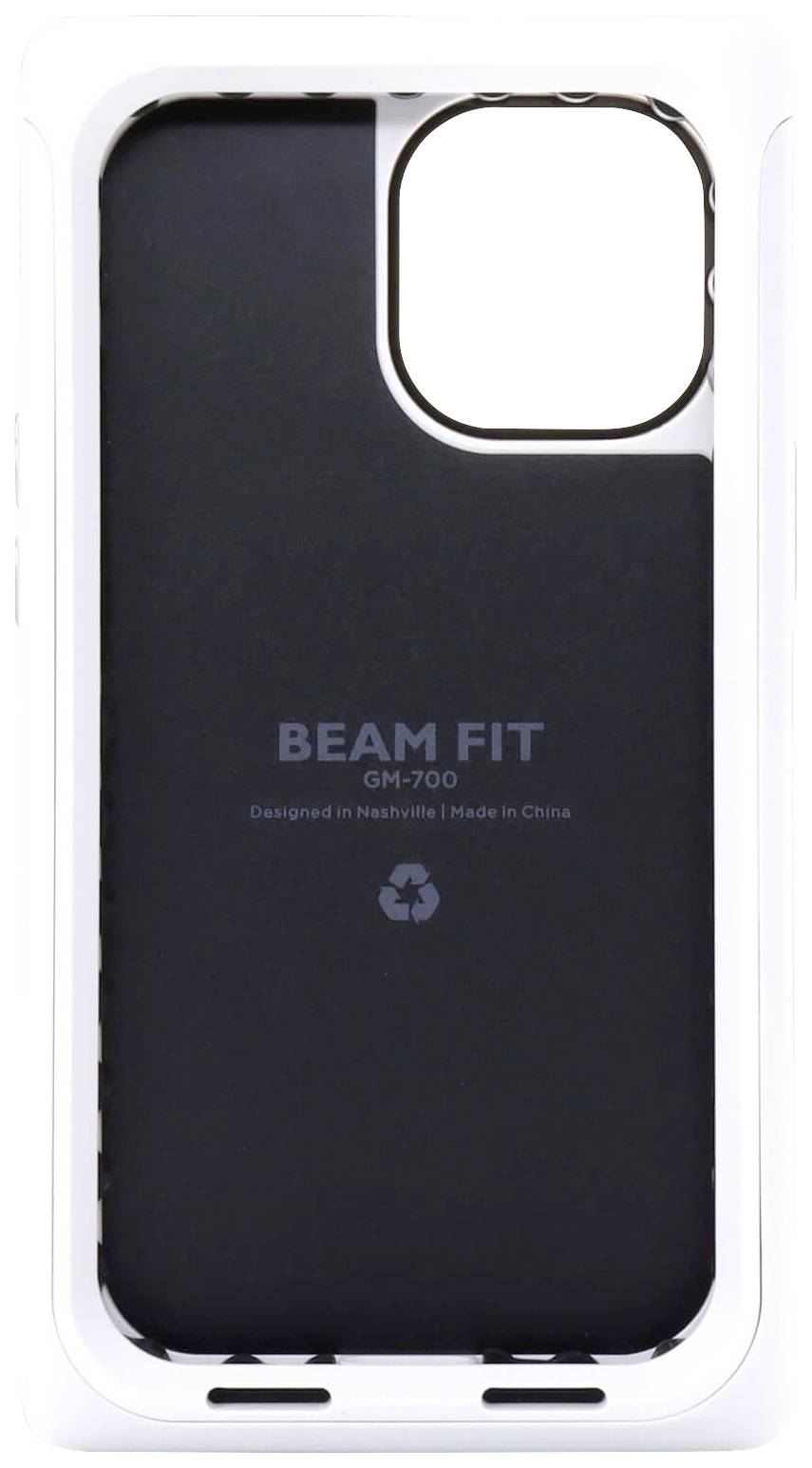 iPhone-Hülle der Marke 'BEAM FIT', Modell GM-700, Farbe Weiß, mit Öffnungen für Kamera und Anschlüsse. Designed in Nashville, Made in China.