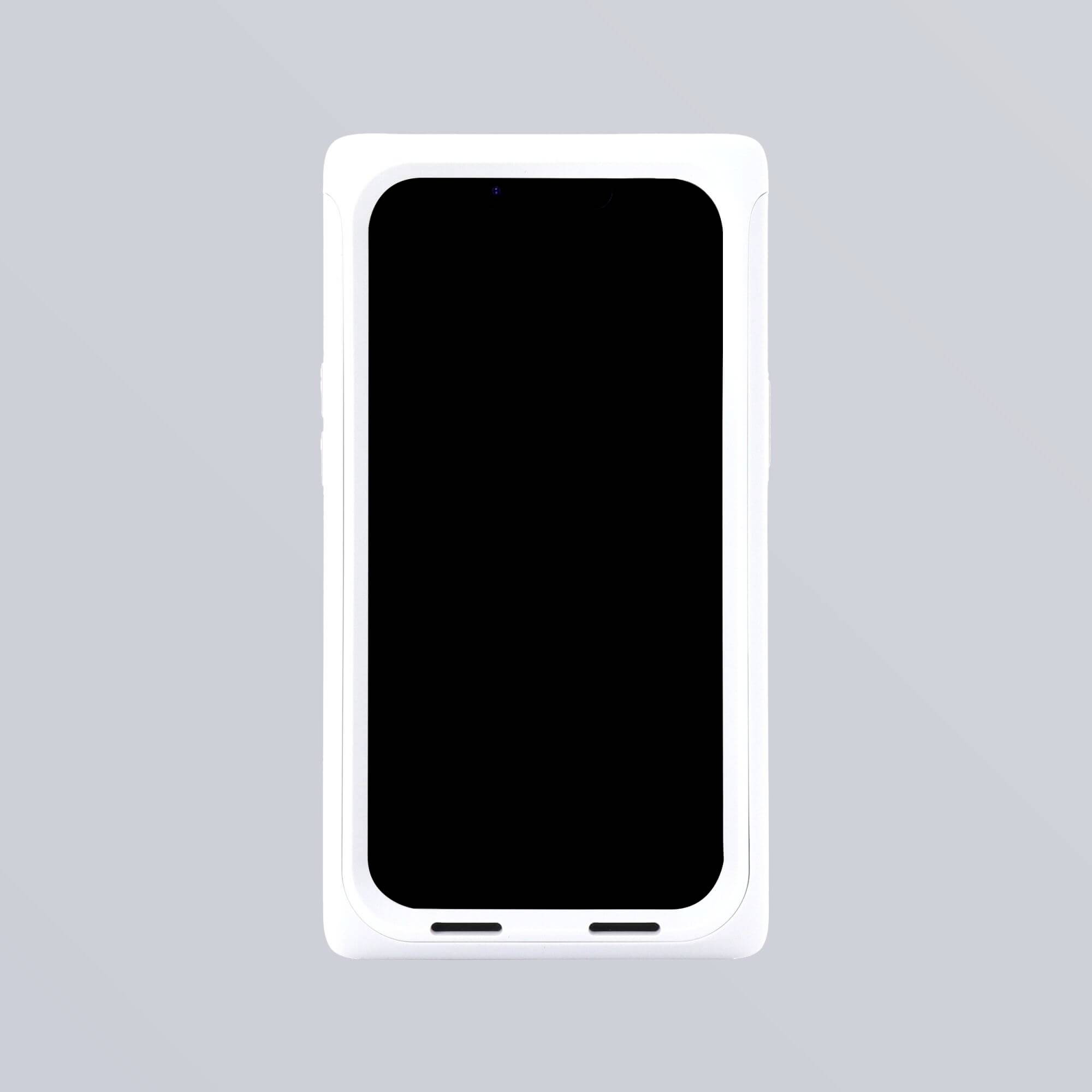 Ein Smartphone mit weißem Gehäuse vor grauem Hintergrund. Der Bildschirm ist ausgeschaltet.