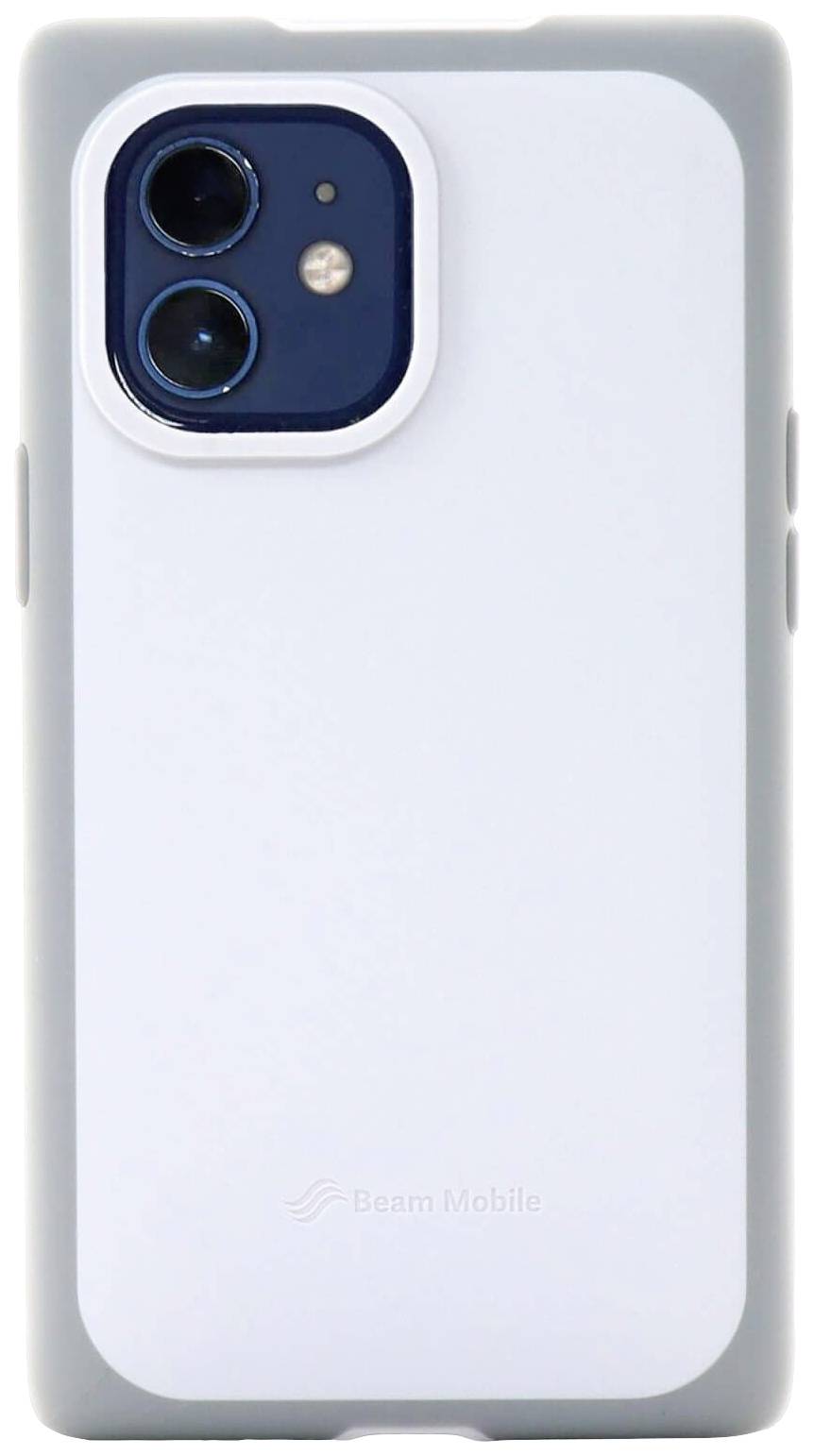 Ein Smartphone mit einer schlichten weißen Hülle, Doppelkameras und einem Logo von 'Beam Mobile' unten.