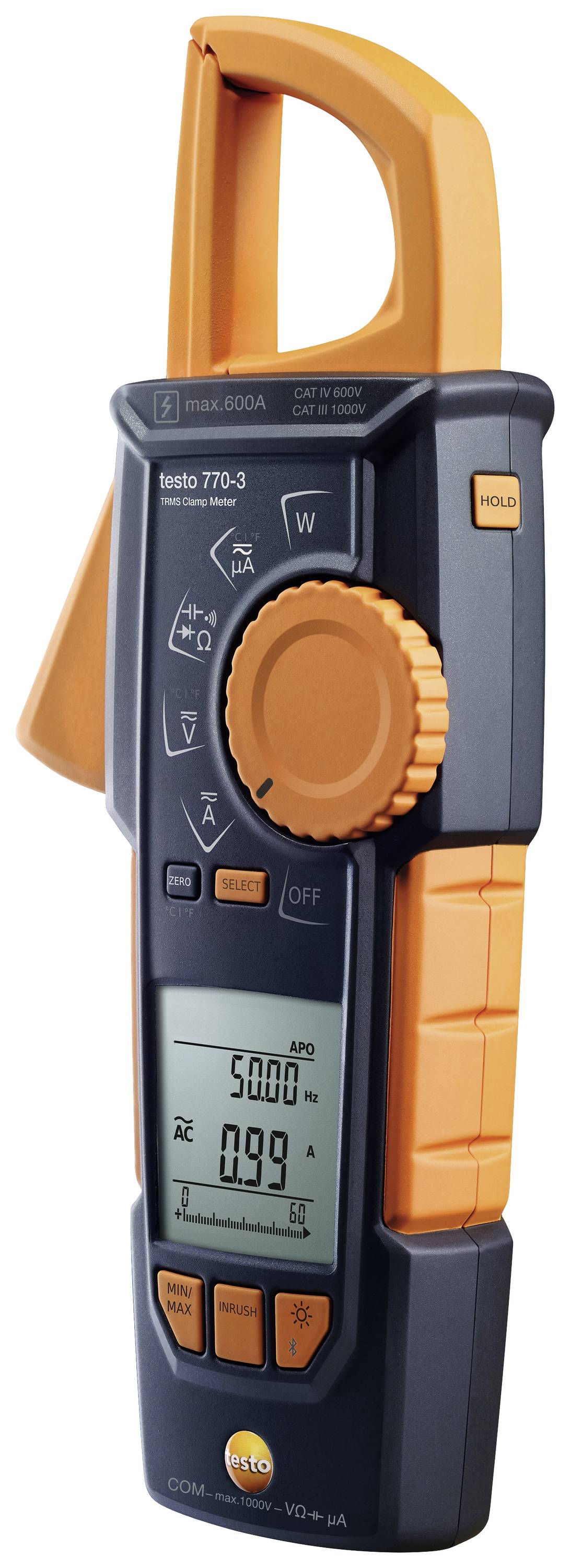 Digitales Zangenmultimeter mit orange-schwarzem Gehäuse. Zeigt Messwerte auf einem LCD-Display an, geeignet für Strommessungen.