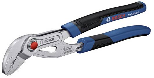 Eine blaue und schwarze Zange von Bosch Professional, speziell eine Wasserpumpenzange mit verstellbarem Griff und gezahnten Backen.