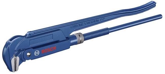 Eine blaue Rohrzange von Bosch, geeignet zum Festziehen und Lösen von Rohren.