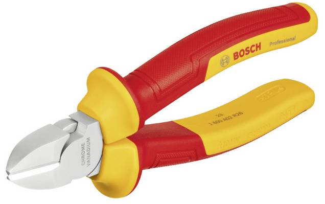 Isolierte Seitenschneiderzange von Bosch, rot-gelb, für professionelle elektrische Arbeiten, mit ergonomischem Griff.