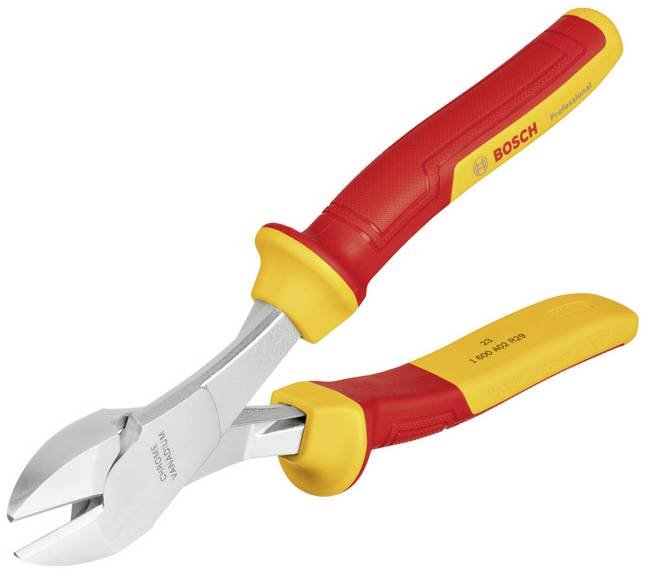 Eine rote-gelbe Seitenschneiderzange mit dem Logo eines bekannten Werkzeugherstellers auf dem Griff. Geeignet für Elektrowerkstattarbeiten.