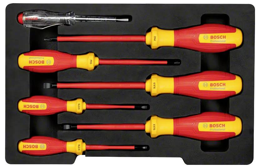Ein Satz von sechs gelb-roten isolierten Schraubenziehern mit verschiedenen Kopftypen und Größen, mit der Aufschrift 'Bosch', in einem schwarzen Tablett präsentiert.