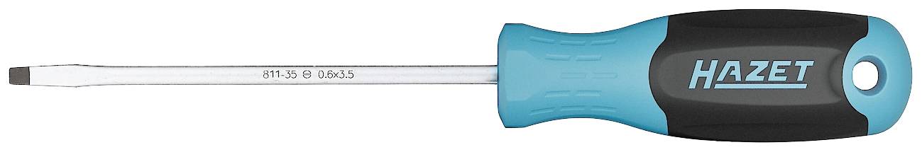 Ein Flachschraubendreher mit blauem Griff, schwarzer Gummierung und silberner Metallklinge, Marke 'Hazet'.