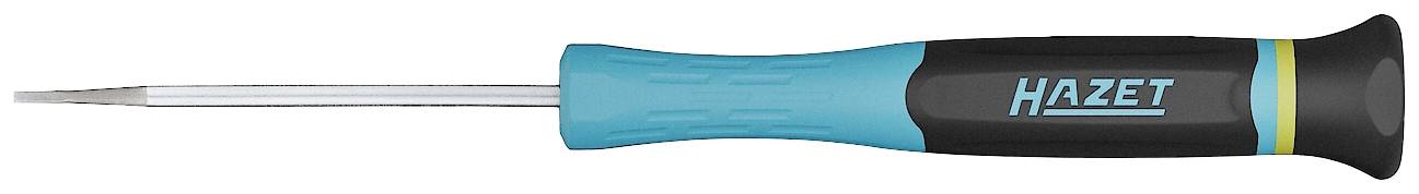 Schraubenzieher mit blauem Griff und schwarzer Spitze, Markenname 'Hazet' auf dem Griff, liegt horizontal.
