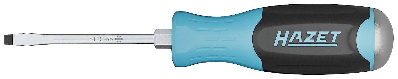 Flacher Schraubendreher mit blau-schwarzem Griff und der Aufschrift 'HAZET'.