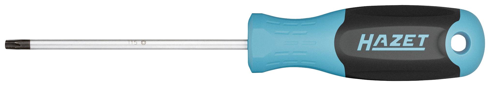Ein blauer und schwarzer Schraubendreher mit der Aufschrift 'HAZET' am Griff. Der Griff hat eine ergonomische Form.