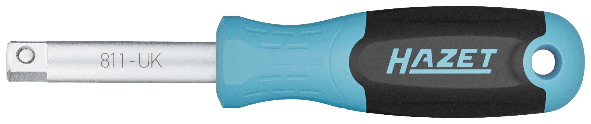 Ein Handwerkzeug von Hazet, Modell 811-UK, mit blau-schwarzem Griff und Loch zum Aufhängen, zeigt einen Sechskant-Steckanschluss.