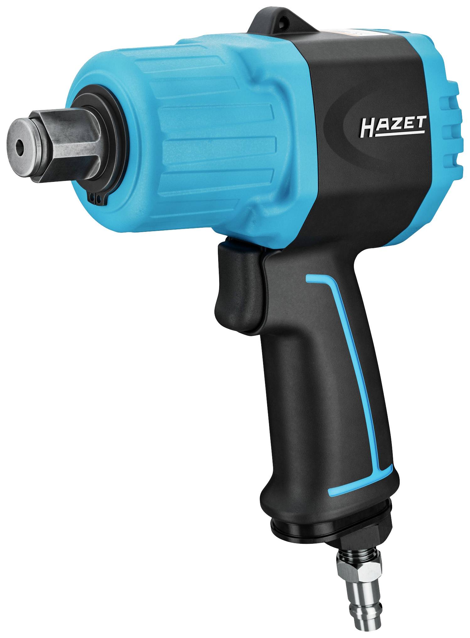 Schlagschrauber in Blau und Schwarz mit dem Markennamen 'Hazet', abgebildet von der Seite, zeigt den Auslöseknopf und die Luftdüse.