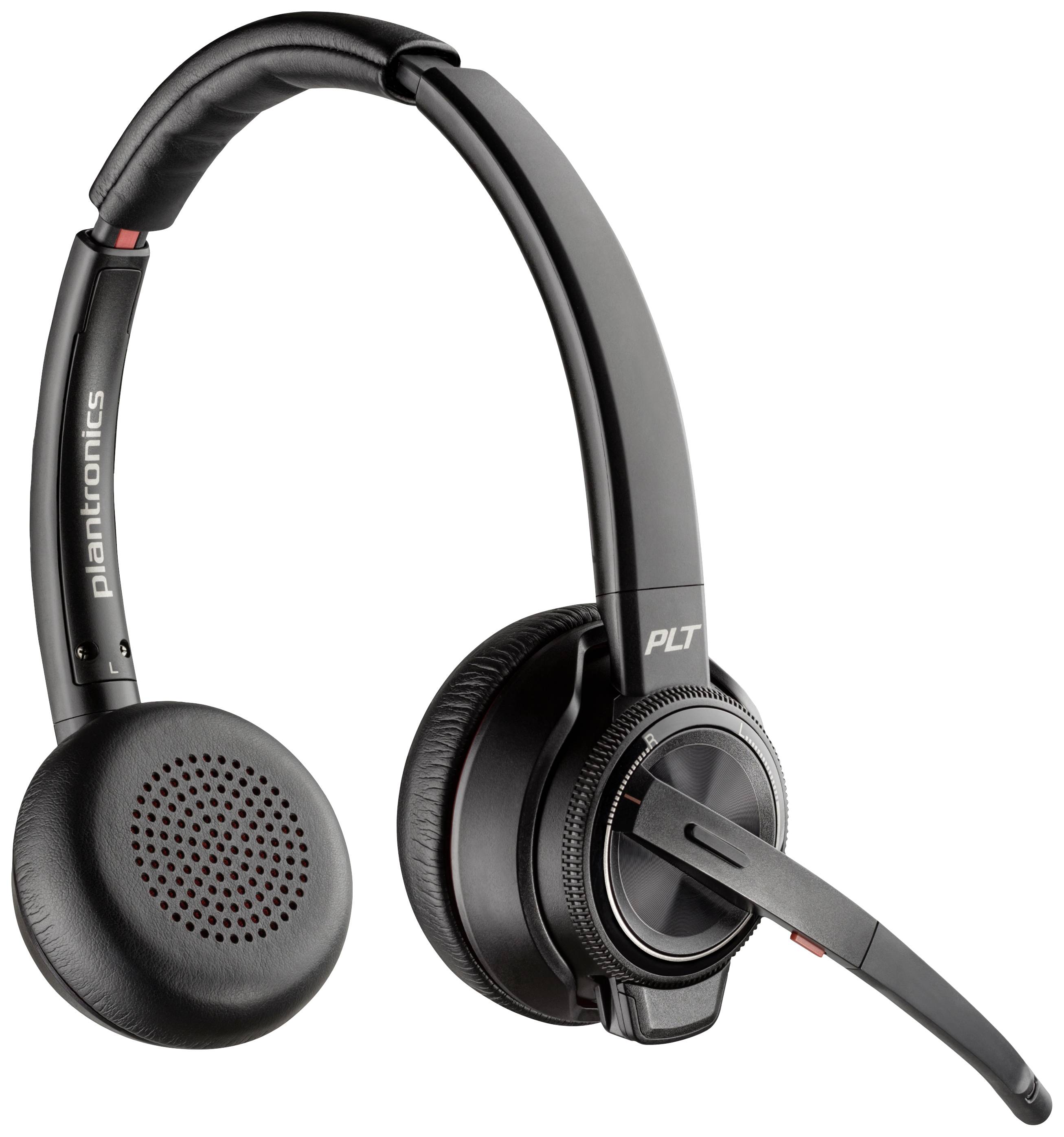 Schwarze, drahtlose Plantronics-Kopfhörer mit Mikrofon, geeignet für Telefongespräche und Musikhören.