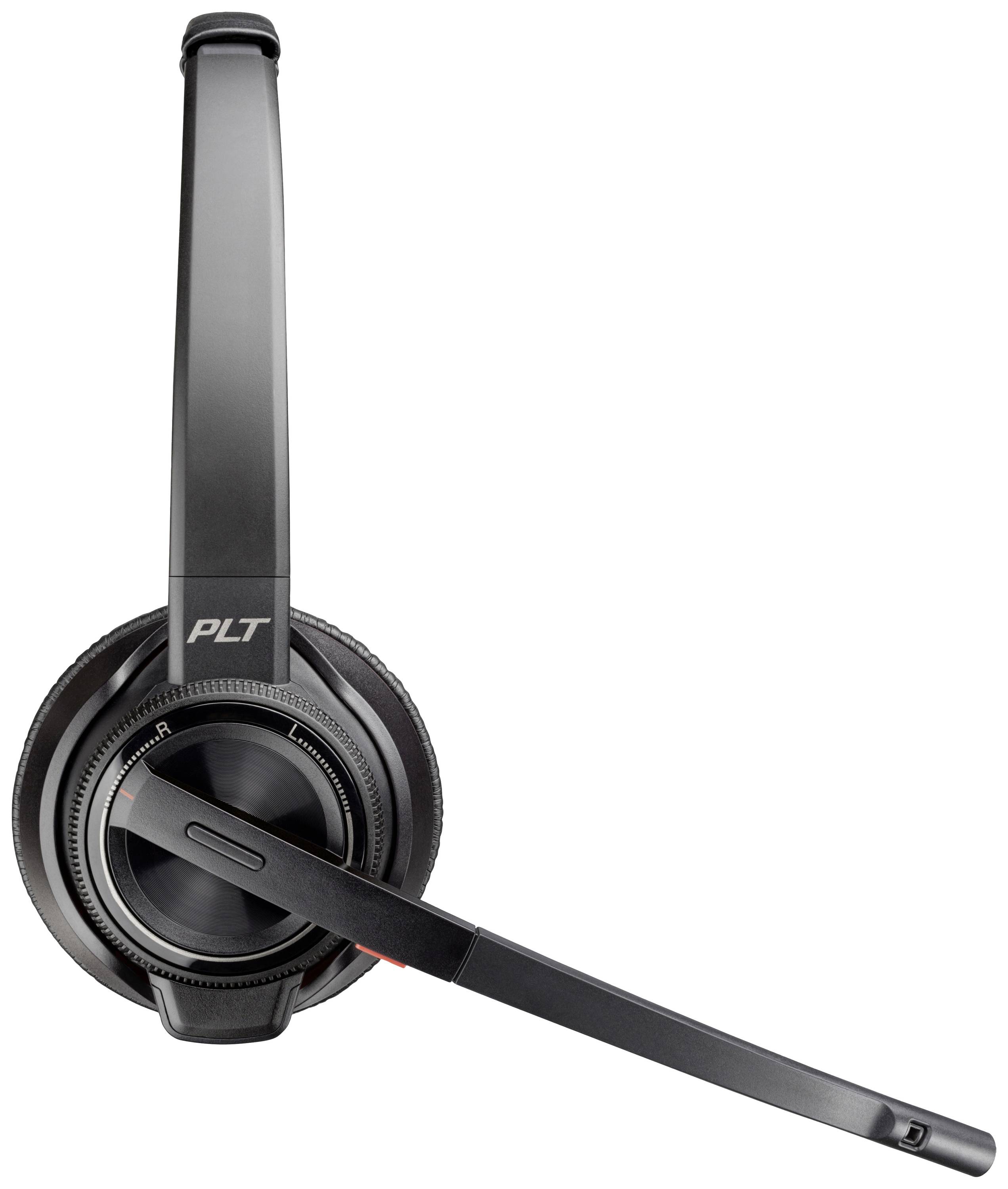 Ein schwarzes Headset mit Mikrofonarm, markiert mit 'PLT', vor weißem Hintergrund.