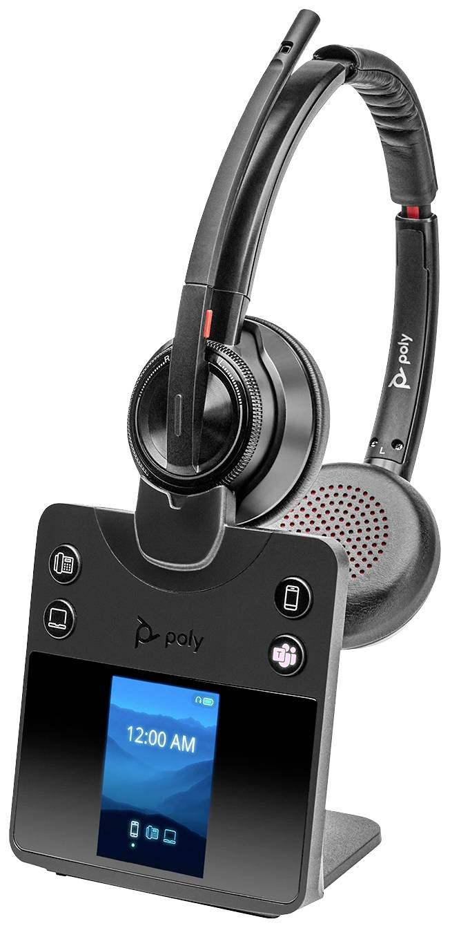 Ein modernes kabelloses Headset mit Display und Bedienelementen an der Basisstation, geeignet für Büroanwendungen und Kommunikation.
